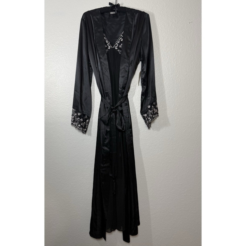 Valerie Stevens Satin Black Lace Embroidered Robe Gown Set Floral Long Sleeve L